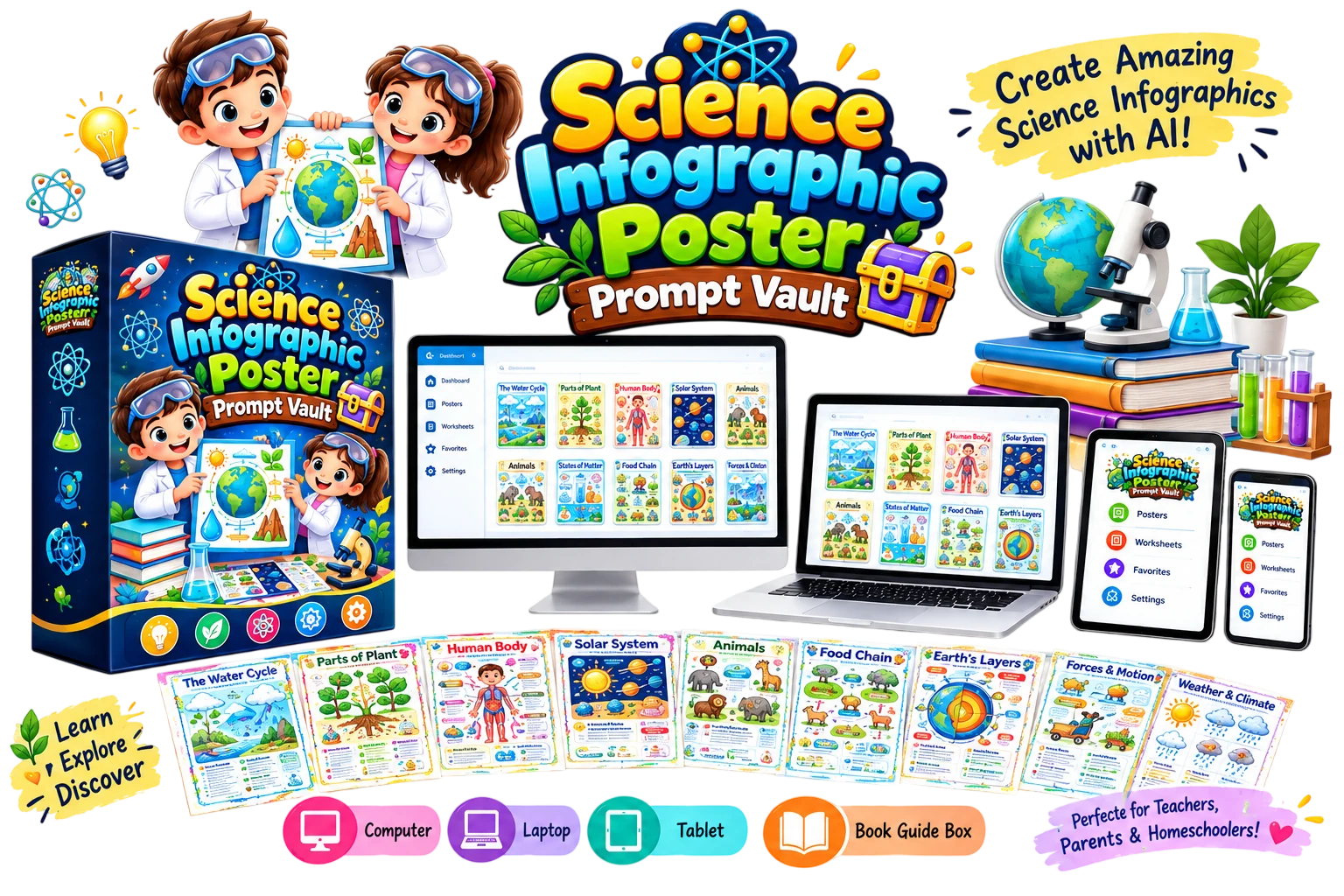 Science Infographic Poster Prompt Vault: product box, computer, laptop, tablet and phone screens with sample science posters