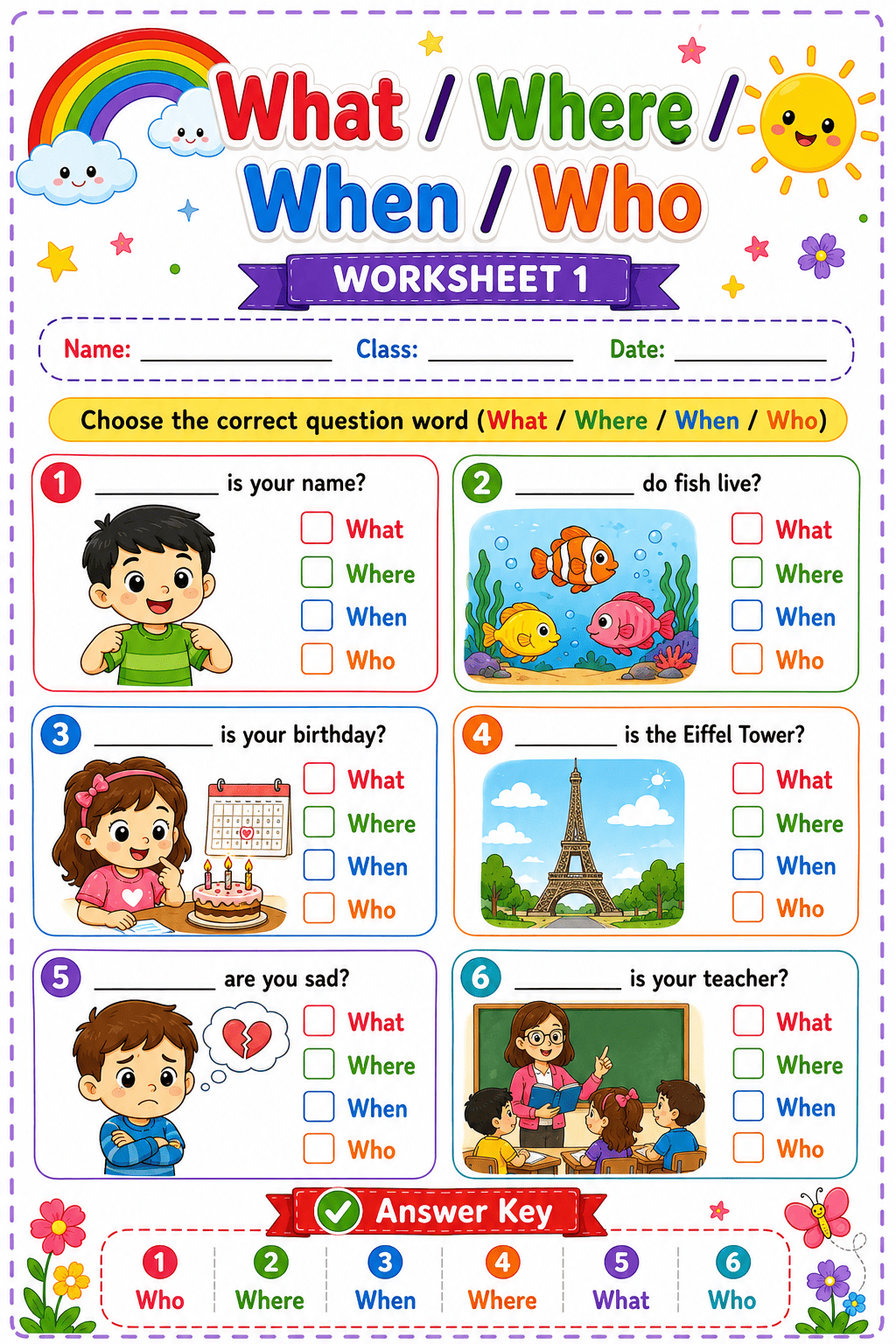 What / Where / When / Who worksheet
