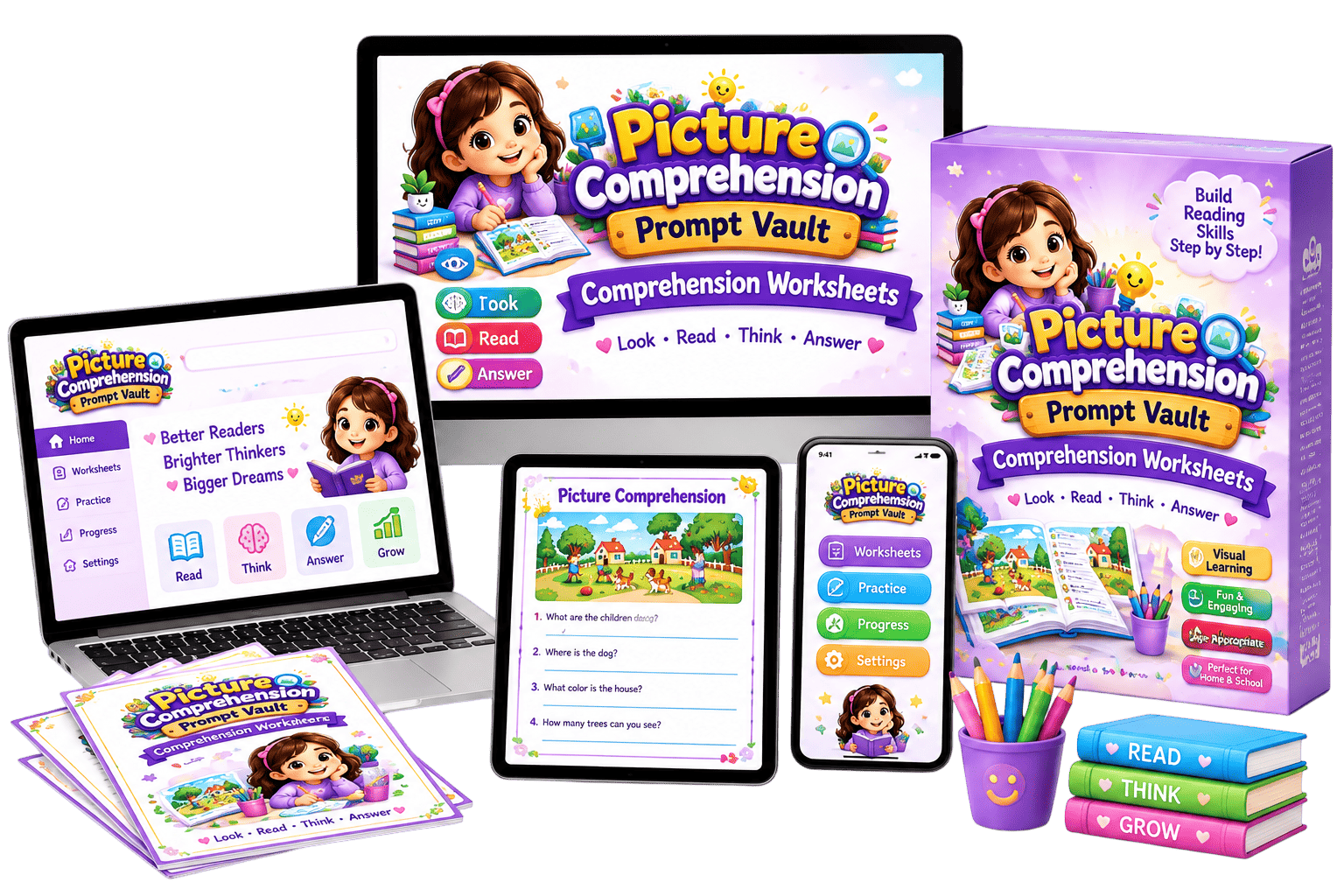 Picture Comprehension Prompt Vault product bundle shown on desktop, laptop, tablet, phone and printed box
